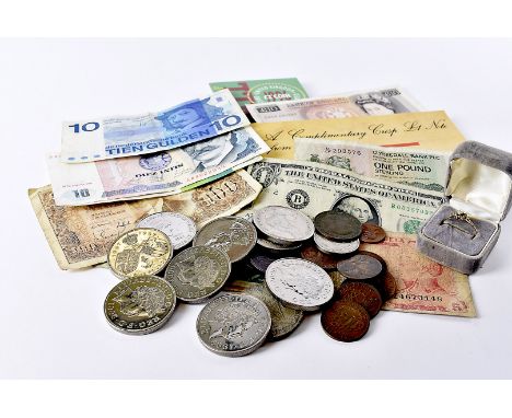 A collection of world coins and bank notes, together with a modern 9ct gold opal and diamond ring, 1.3g, including a Gill ten