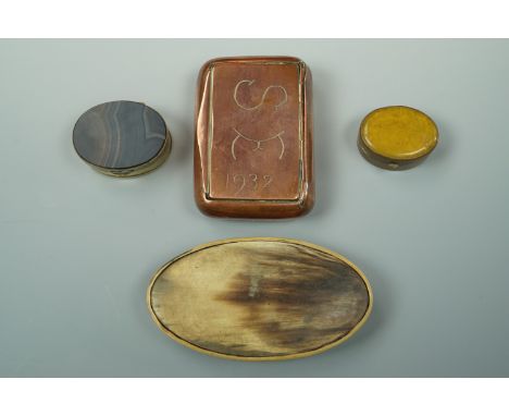 A 19th Century oval horn snuff or tobacco box, a banded agate and electroplate box, a 1932 copper tobacco box naively engrave