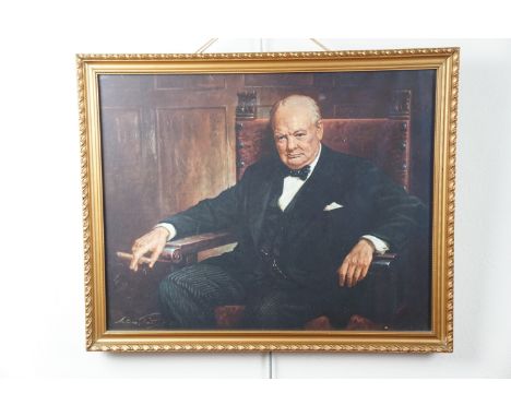 After Arthur Pan (fl 1920 - 1960), Portrait of Sir Winston Churchill, lithographic print, in moulded gilt frame under glass, 