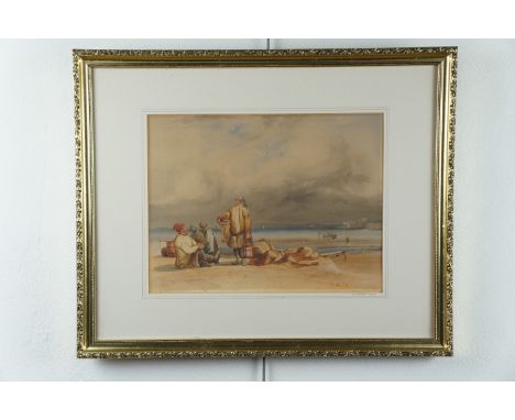 Manner of Richard Parkes Bonington, A pair of 19th Century watercolour coastal views, one depicting fisher folk sorting a cat
