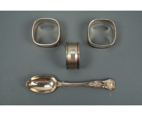 A Victorian King's pattern silver Christening spoon, a silver napkin ring and a pair of Dutch Keltum electroplate napkin ring