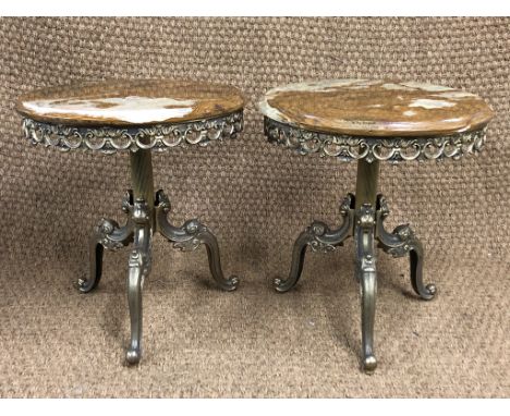 A pair of brass wine or lamp tables with onyx tops, ex Harrods, 42 cm x 46 cm