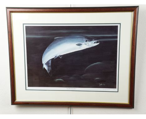 After D J Hool (contemporary), Three limited edition prints depicting salmon with one other smaller print, framed under glass
