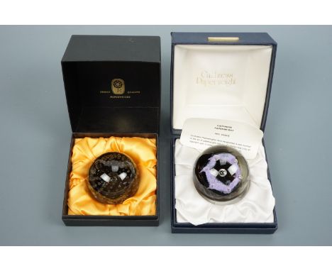 A cased Caithness Glass "May Dance" paperweight together with a Jaffe Rose controlled bubble weight