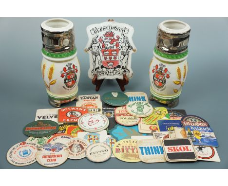Breweriana including beer mats, two Beck's beer pump ceramic ornaments and a Glenfiddich whiskey distillery plaque