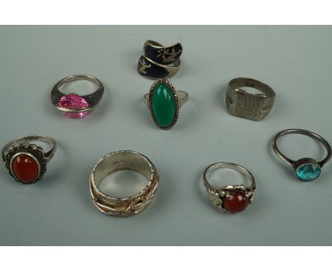 Silver and other finger rings including a Siamese niello wrap-around ring and a signet ring with engraved monogram