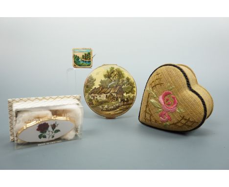 A vintage Stratton powder compact, a Stratton "Lipview" finger ring mirror in original packaging, a tape measure and embroide