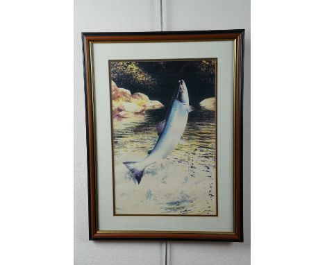 A leaping salmon print by R McPhail, 40 × 54 cm