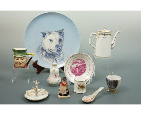 Sundry ceramics including a late 19th Century Royal Worcester hand-enamelled can, a Victorian hand-painted wall charger depic