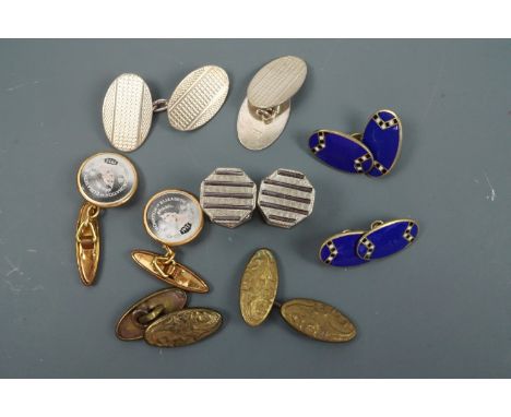 A set of 1953 coronation commemorative cuff links, an engine-turned silver pair, a pair of American Kum-a-Part links and othe