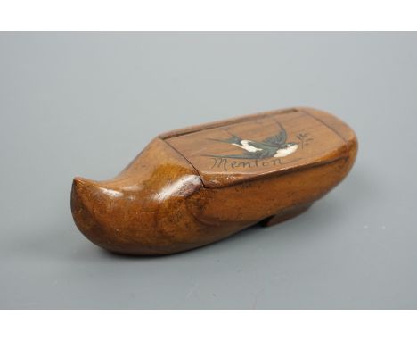 A late 19th / early 20th Century Sorrento ware painted wooden novelty snuff box in the form of a clog, being a souvenir of th