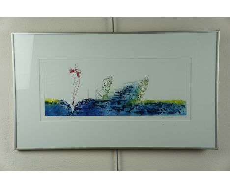 A contemporary limited edition abstract lithographic print, framed and mounted under glass, 40 cm x 70 cm