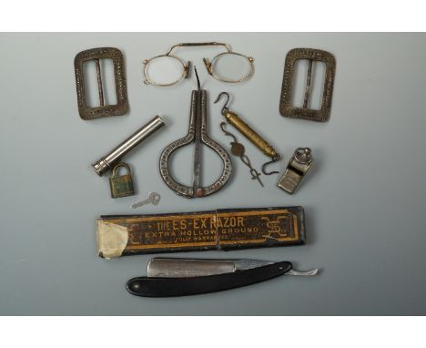 Collectors' items including an ES-EX cutthroat razor, pince nez, a Jew's harp, small brass spring balance, Acme whistle, buck
