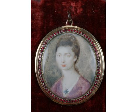 A George III pendant portrait miniature, of a woman with bouffant hair wearing a pink dress and pendant necklace, in watercol