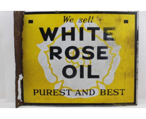 A DOUBLE-SIDED ENAMEL ADVERTISING SIGN, "White Rose oil purest and best", 41cm x 50cm 