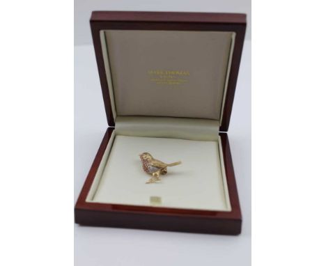 A 9CT GOLD ROBIN BROOCH, inset rubies &amp; diamonds with sapphire eye, 2.5cm high, gross weight; 4.8g, in presentation box, 