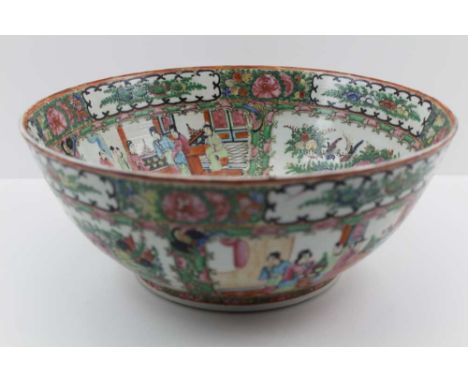 A CHINESE FAMILLE ROSE CERAMIC BOWL internally and externally painted with panels of courtly figures, 30cm in diameter 