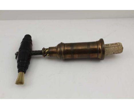 A 19TH CENTURY THOMASON TYPE BRASS BARREL CORKSCREW, with turned ebonised handle, fitted brush and suspension ring 