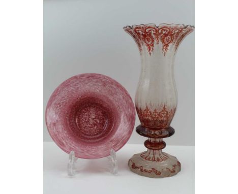 A LATE 19TH CENTURY BOHEMIAN GLASS VASE, ruby flashed, of trumpet form, 31cm high, together with a Monart type PINK GLASS BOW