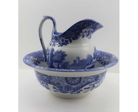 A COPELAND SPODE POTTERY EWER &amp; BOWL SET, transfer printed blue Italian design, the bowl 32cm in diameter 