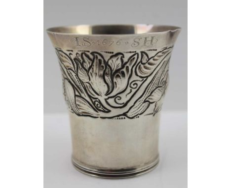 THOMAS BRADBURY &amp; SONS LTD A SILVER REPRODUCTION OF CHARLES II 17TH CENTURY BEAKER, of flared form with floral repousse d