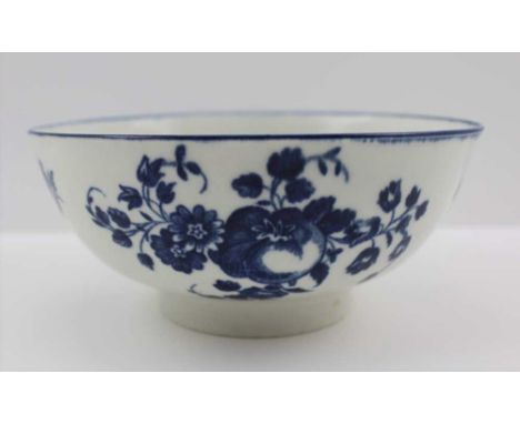 A WORCESTER DR WALL PERIOD PORCELAIN BOWL, cobalt blue transfer decorated fruit and sprays design, blue crescent mark to base