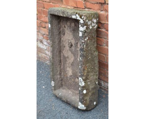 A BELIEVED COTSWOLD STONE RECTANGULAR SHALLOW SINK / PLANTER, having well-weathered exterior, 21cm x 98cm x 59cm 