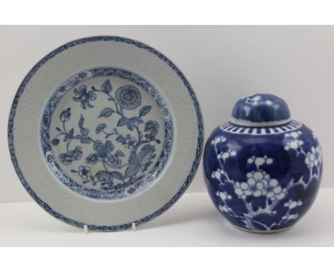 A CHINESE PORCELAIN PLATE, relief moulded rim, blue floral decoration, 22cm in diameter, together with a CHINESE GINGER JAR &