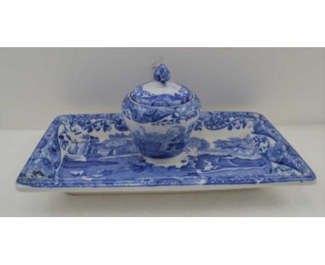 A COPELAND SPODE ITALIAN PATTERN POTTERY INKWELL on integral tray stand, complete with cover and liner, impressed and printed