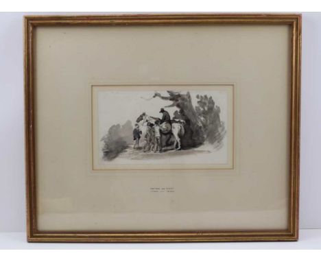 PETER DE WINT A 19TH CENTURY PENCIL &amp; WASH SKETCH, depicting horse and people, 11.5cm x 20cm, open mounted, in slender gi
