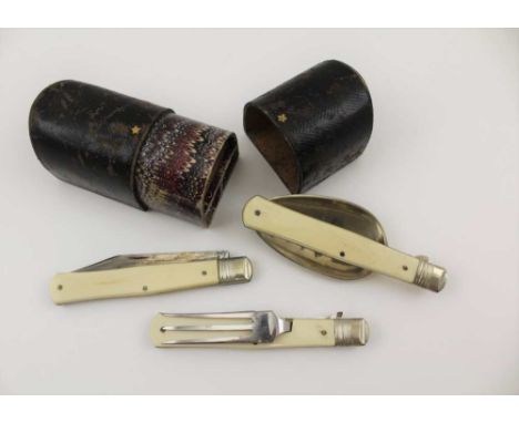 A VICTORIAN CAMPAIGN CASED SET OF THREE FOLDING EATING UTENSILS, comprising knife, fork &amp; spoon 