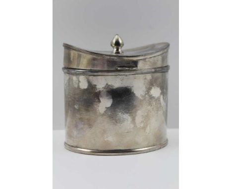 A JAMES DIXON AND SON EPBM PLATED TEA CADDY of oval Georgian form, the hinged cover with handle finial (mark for 1879-1927), 