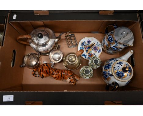 A pottery recumbant pottery tiger, signed 'Barry Pittar', 27 cm long to/w an Art Nouveau electroplated sugar basin, a planish