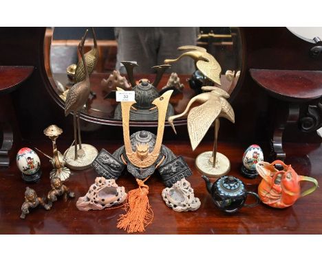 An antique Japanese enamel miniature teapot decorated with butterflies (a/f) to/w a parcel gilt metal miniature Shogun helmet