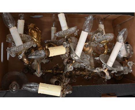 Three twin-branch glass wall-sconces, and three brass examples to/w three ceramic mounted sconces and two single sconces (2 b