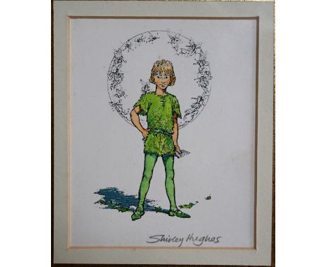 Shirley Hughes (b 1927) - 'Peter Pan', hand-coloured print, pencil signed to lower right, 12 x 9.5 cmIll - J M Barrie, 'Peter