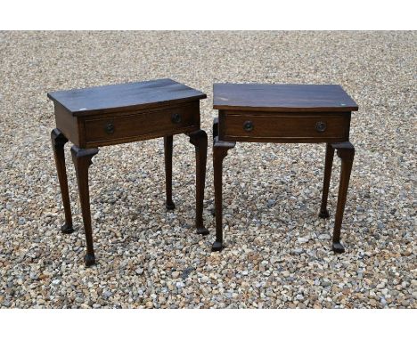 A pair of Georgian style bowfront side tables, each with single drawer raised on arrow footed supports, 50 cm wide x 33 cm de