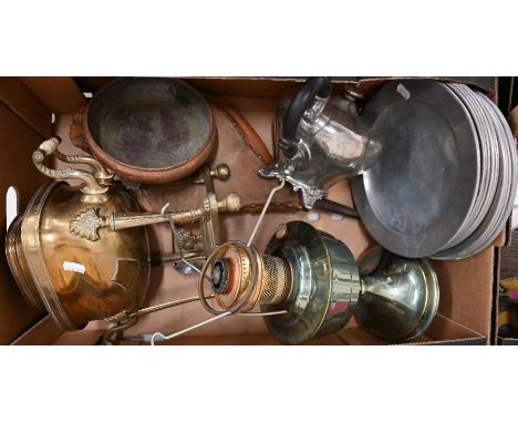 Regency brass samovar (top removed), to/w oil lamp with glass shade, Victorian pewter teapot, aluminium plates, bellows etc (