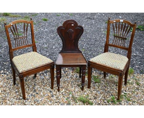 A pair of 19th century mahogany reed-back side chairs with tapestry pad seat and tapering square legs to/w a hall chair (a/f)