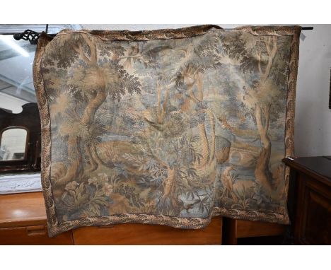 A Belgian tapestry wall-hanging with metal rail and brackets, 96 x 134 cm