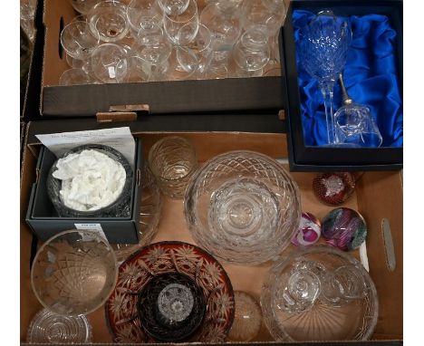 Boxed Waterford cut glass champagne bottle coaster, to/w three Caithness glass paperweights and other glassware