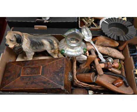 Regency mahogany tea caddy (a/f) to/w Loetz-style Art Nouveau glassware, Hennessy Cognac advertising figure and a St Bernard 