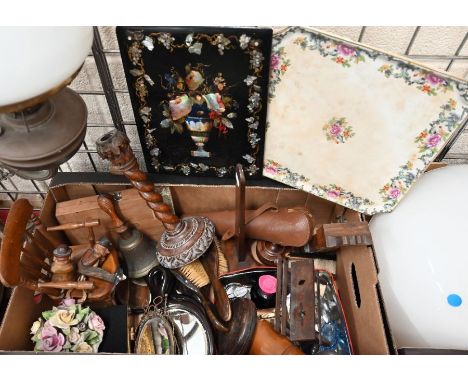 Various collectables including miniature oak longcase clock, miniature stick-back chair, table lighters, hand-bell, vintage f