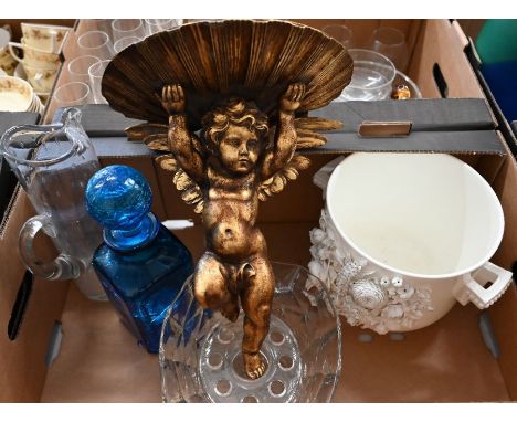 A floral-encrusted white glazed china jardiniere to/w a gilt shell wall-bracket supported by a cherub and a glass vase, jug a