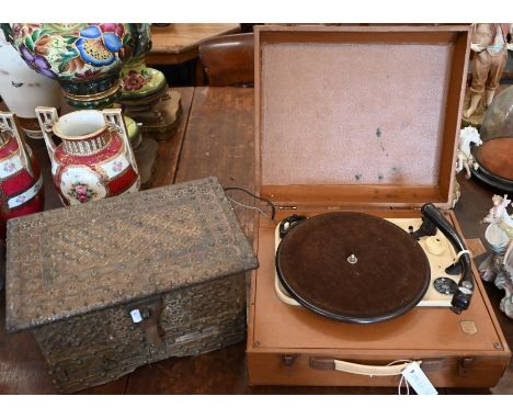 A Zanzibar-type studded brass-mounted wooden strong-box, 34 cm to/w a Garrard Model T record player (2)The chest has several 
