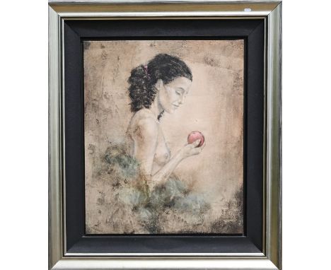 A serigraph canvas of a kneeling female holding an apple