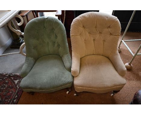 Two small Victorian mahogany framed button-back nursing chairs with turned front legs and ceramic casters (2) 75 cm h x 60 cm