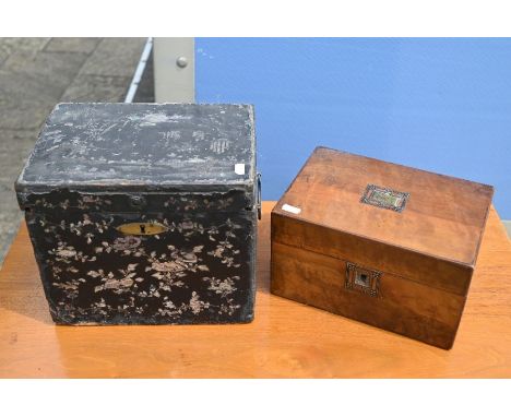 A 19th century lacquer and mother of pearl box, to/w a Victorian walnut trinket box (2 - a/f)