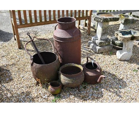 Antique cast iron cauldron with swing handle and ladle to/w milk churn, kettle etc (6)