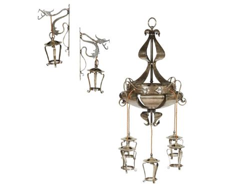  ENGLISH ARTS & CRAFTS CEILING LIGHT, CIRCA 1900 silvered metal, includes ceiling rose and chain, 64cm diameter, 126cm high e